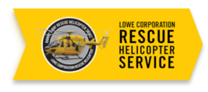 logo for the lowe corporation rescue helicopter service, with an image of a helicopter